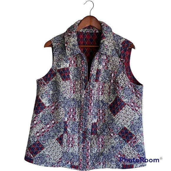 Quilted Reversible Full Zip Blue Red Paisley & Diagonal Plaid Women's Vest L - Picture 8 of 15